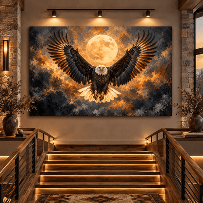 Bald Eagle Full Moon Canvas Wall Art – Majestic Eagle with Spread Wings Wildlife Oil Painting - ART OF ROYALS