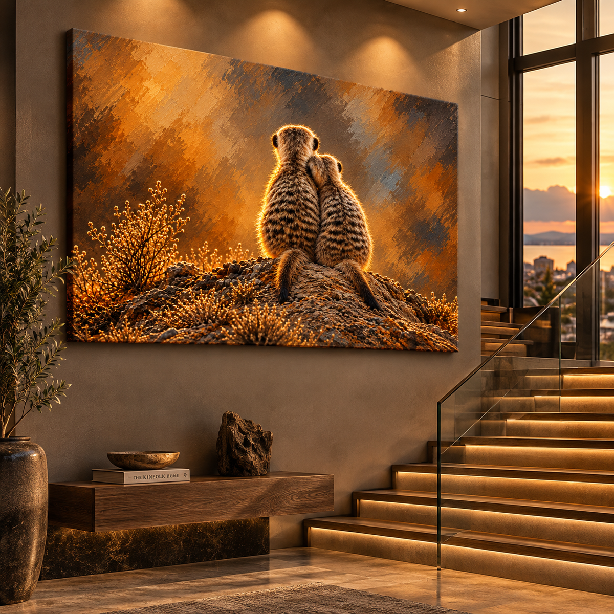 Meerkat Pair at Sunset Wrapped Canvas Wall Art – African Wildlife Companion Painting