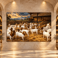 Boer Goat Herd Canvas Wall Art – Rustic Barnyard and Golden Mountain Sunset Painting