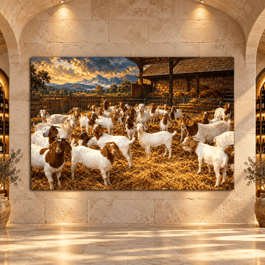 Boer Goat Herd Canvas Wall Art – Rustic Barnyard and Golden Mountain Sunset Painting - ART OF ROYALS