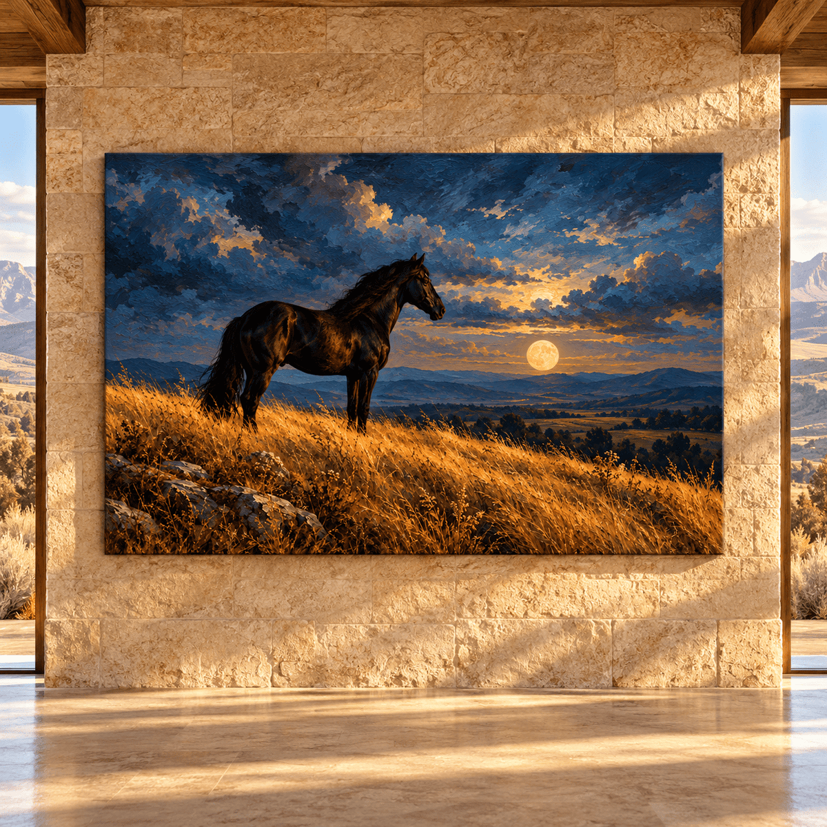 Black Horse Under Full Moon Canvas Wall Art – Majestic Stallion on Golden Hillside Oil Painting - ART OF ROYALS