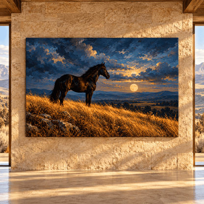 Black Horse Under Full Moon Canvas Wall Art – Majestic Stallion on Golden Hillside Oil Painting - ART OF ROYALS