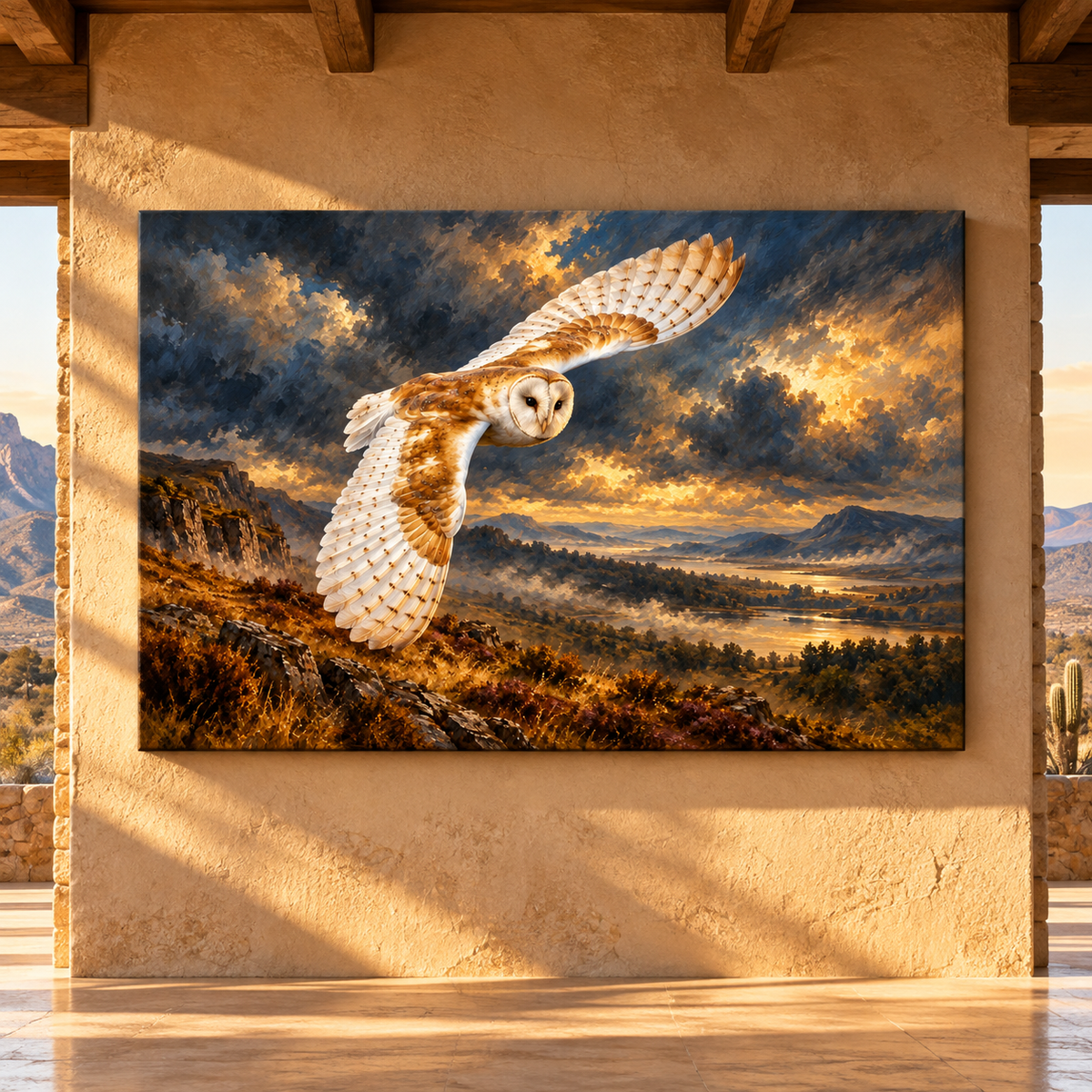 Barn Owl in Flight Wrapped Canvas Wall Art – Golden Mountain Valley Wildlife Painting