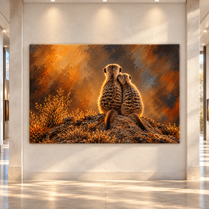 Meerkat Pair at Sunset Wrapped Canvas Wall Art – African Wildlife Companion Painting
