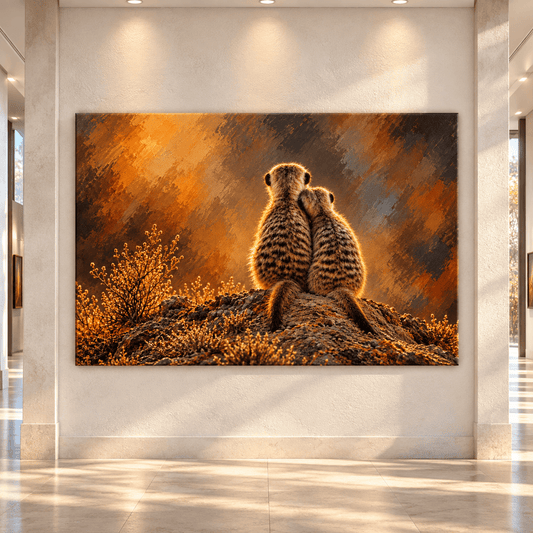 Meerkat Pair at Sunset Wrapped Canvas Wall Art – African Wildlife Companion Painting - ART OF ROYALS