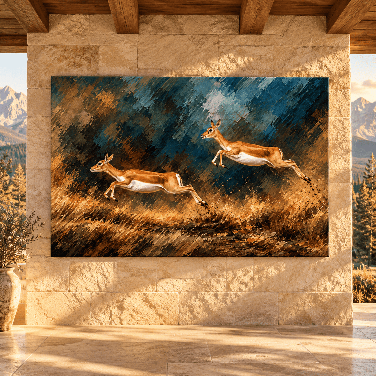 Running Antelope Canvas Wall Art – Two Leaping Gazelles Wildlife Oil Painting - ART OF ROYALS