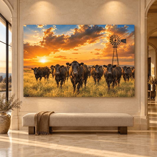 Prairie Guardians – Black Angus Cattle Sunset Canvas Wall Art - ART OF ROYALS