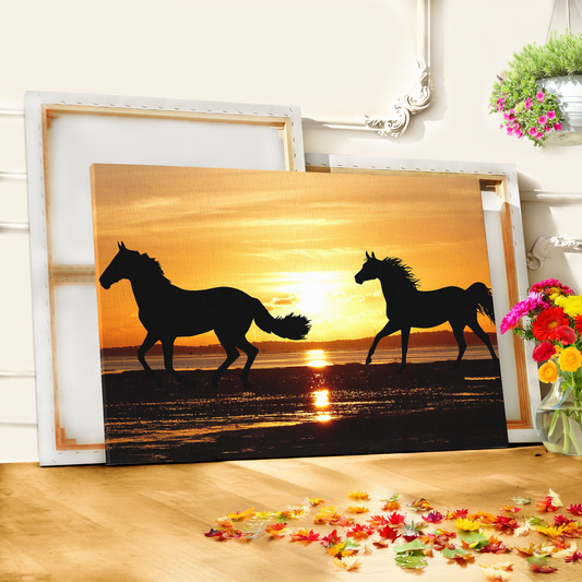 Golden Sunset Wild Horses Canvas Art – Tranquil Nature