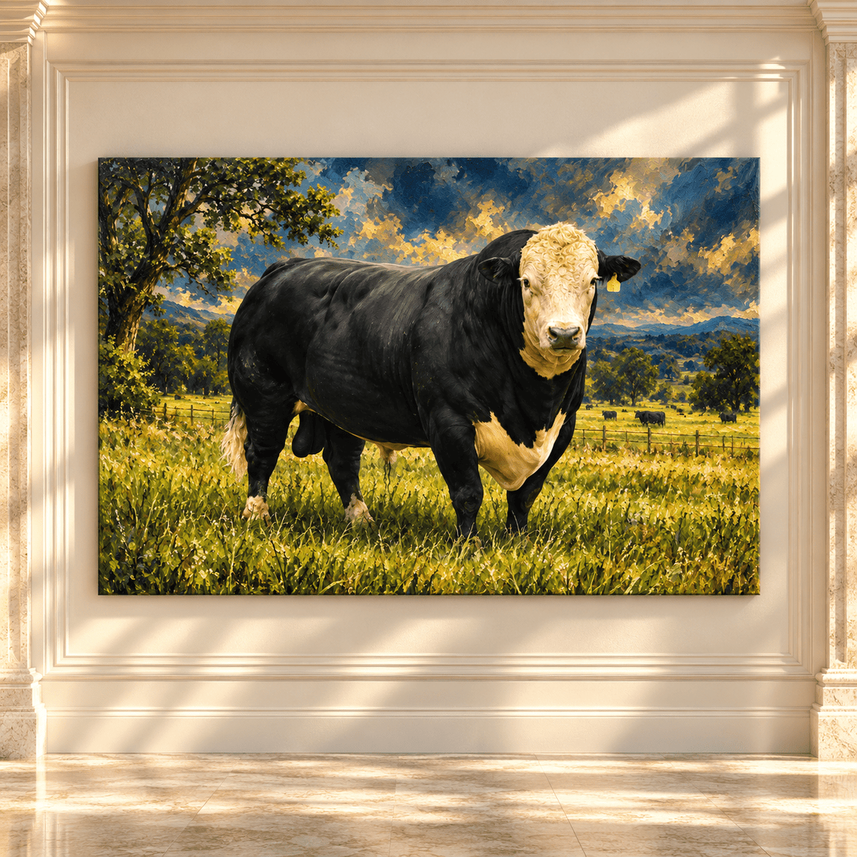 Black Baldy Bull Wrapped Canvas Wall Art – Black Angus Hereford Cross Cattle Painting - ART OF ROYALS