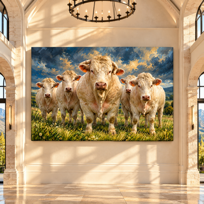 Charolais Cattle Herd Wrapped Canvas Wall Art – White Cows Pasture Painting