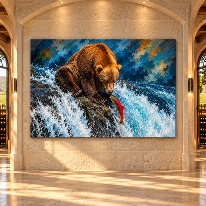 Grizzly Bear Catching Salmon Wrapped Canvas Wall Art – Brown Bear Fishing Wildlife Painting