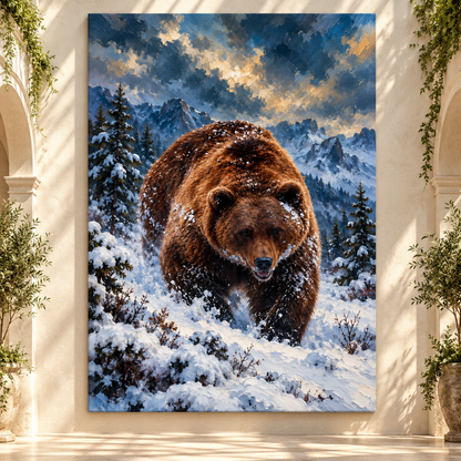 Grizzly Bear in Snow Wrapped Canvas Wall Art – Winter Mountain Wildlife Painting