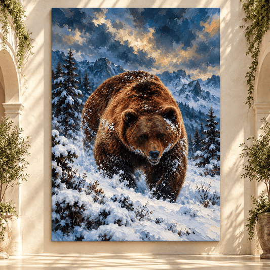 Grizzly Bear in Snow Wrapped Canvas Wall Art – Winter Mountain Wildlife Painting - ART OF ROYALS