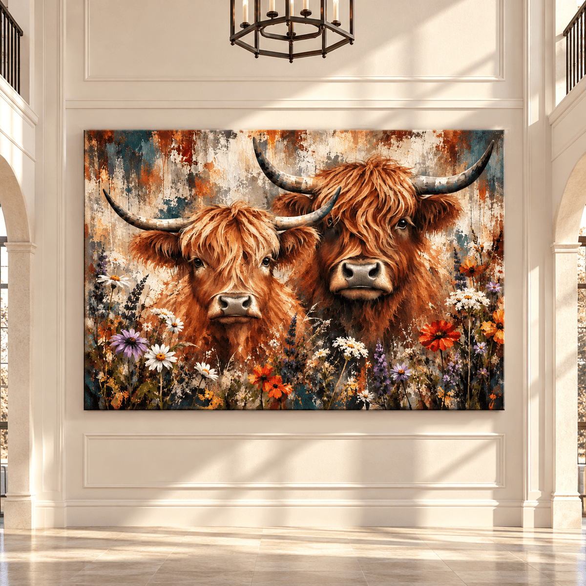 Two Highland Cows with Wildflowers Canvas Wall Art – Rustic Scottish Highland Cattle Floral Painting - ART OF ROYALS