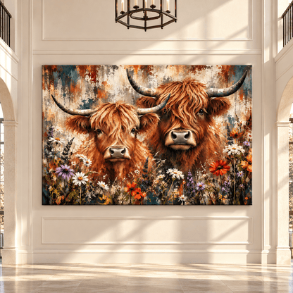 Two Highland Cows with Wildflowers Canvas Wall Art – Rustic Scottish Highland Cattle Floral Painting - ART OF ROYALS