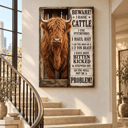 Beware! I Raise Cattle – Funny Highland Cow Wrapped Canvas Wall Art for Ranchers and Farmers - ART OF ROYALS