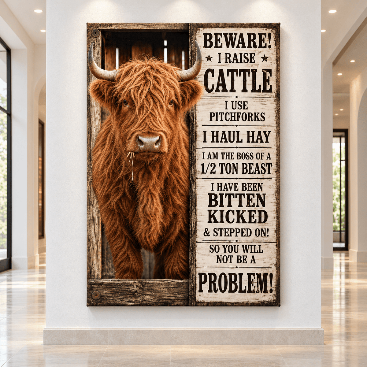 Beware! I Raise Cattle – Funny Highland Cow Wrapped Canvas Wall Art for Ranchers and Farmers - ART OF ROYALS