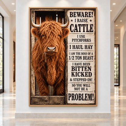 Beware! I Raise Cattle – Funny Highland Cow Wrapped Canvas Wall Art for Ranchers and Farmers - ART OF ROYALS