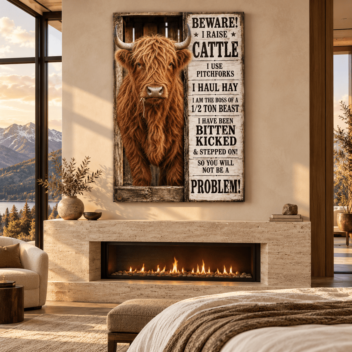 Beware! I Raise Cattle – Funny Highland Cow Wrapped Canvas Wall Art for Ranchers and Farmers - ART OF ROYALS