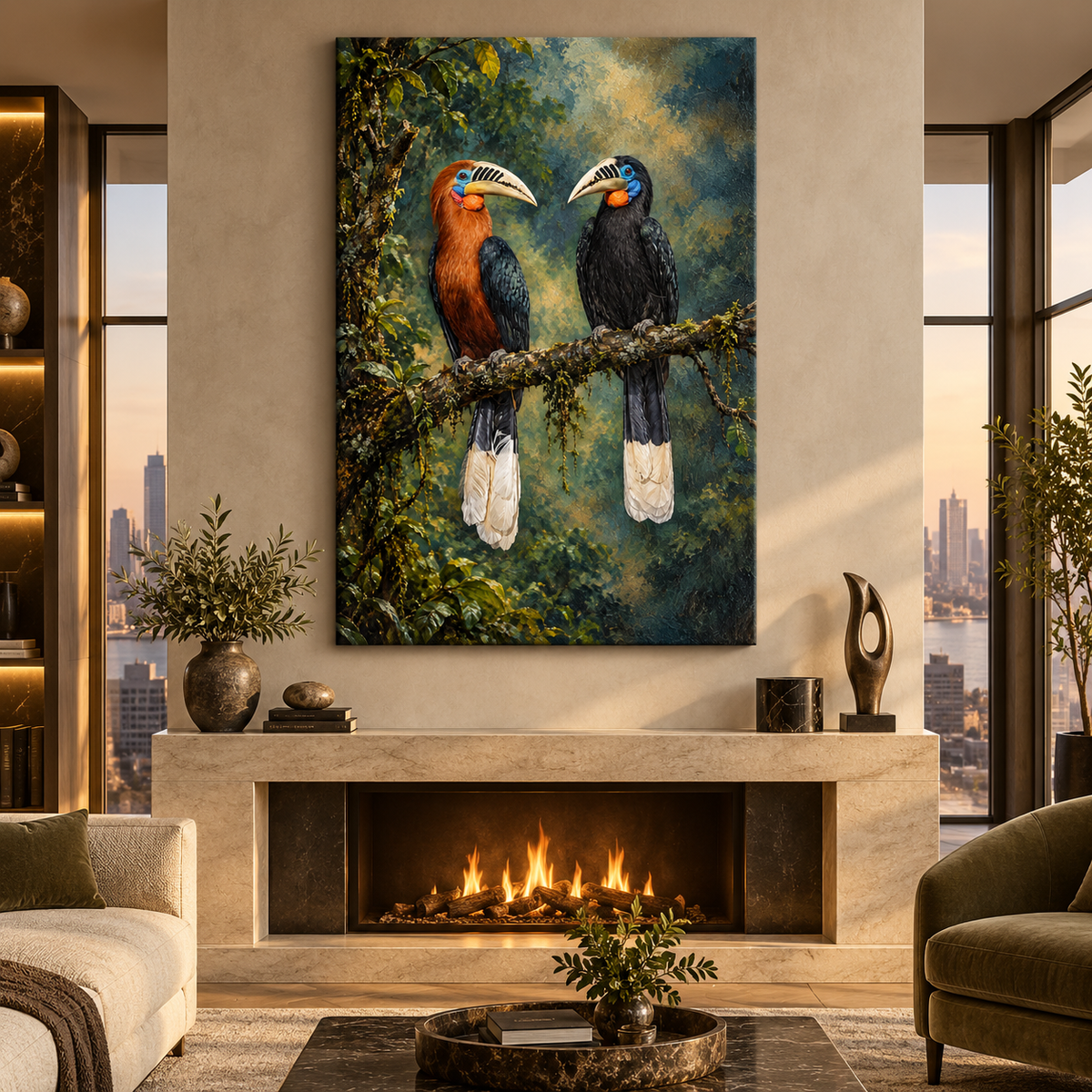 Rufous-Necked Hornbill Pair Wrapped Canvas Wall Art – Tropical Rainforest Bird Painting