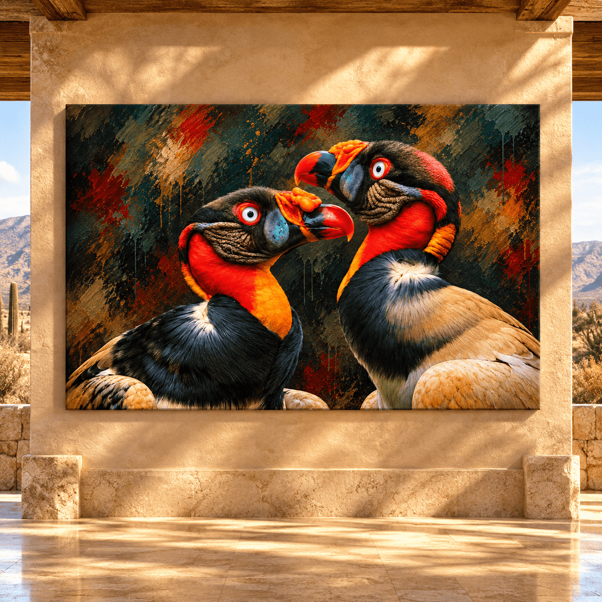 King Vulture Pair Wrapped Canvas Wall Art – Colorful Tropical Vulture Wildlife Painting - ART OF ROYALS