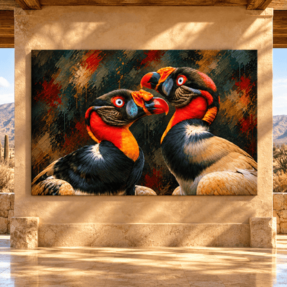 King Vulture Pair Wrapped Canvas Wall Art – Colorful Tropical Vulture Wildlife Painting - ART OF ROYALS