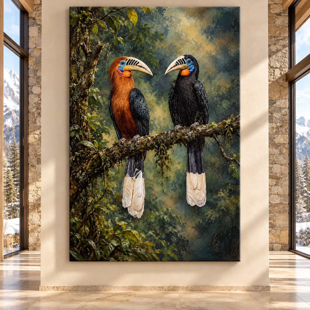 Rufous-Necked Hornbill Pair Wrapped Canvas Wall Art – Tropical Rainforest Bird Painting