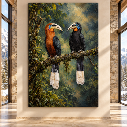 Rufous-Necked Hornbill Pair Wrapped Canvas Wall Art – Tropical Rainforest Bird Painting