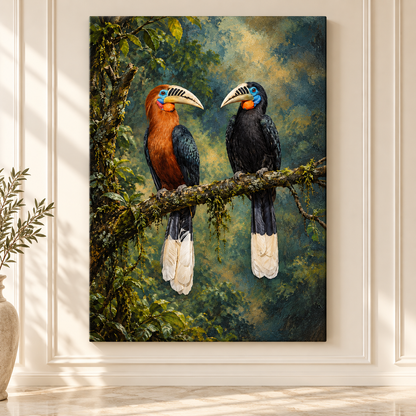 Rufous-Necked Hornbill Pair Wrapped Canvas Wall Art – Tropical Rainforest Bird Painting