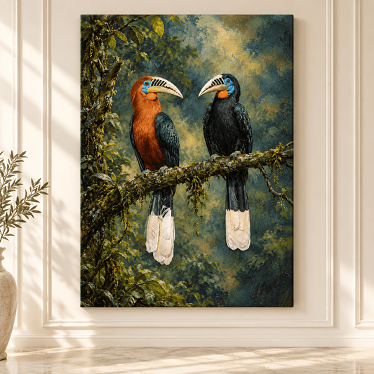 Rufous-Necked Hornbill Pair Wrapped Canvas Wall Art – Tropical Rainforest Bird Painting - ART OF ROYALS