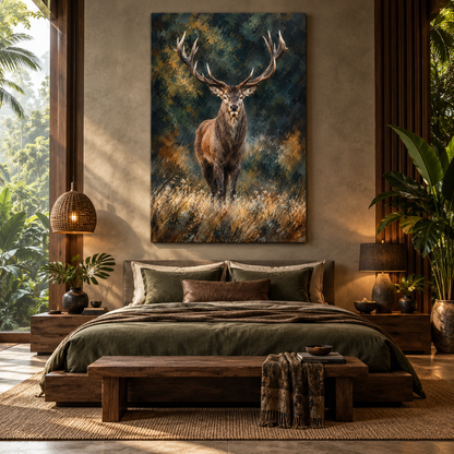 Majestic Red Stag Wrapped Canvas Wall Art – Dark Woodland Deer Painting