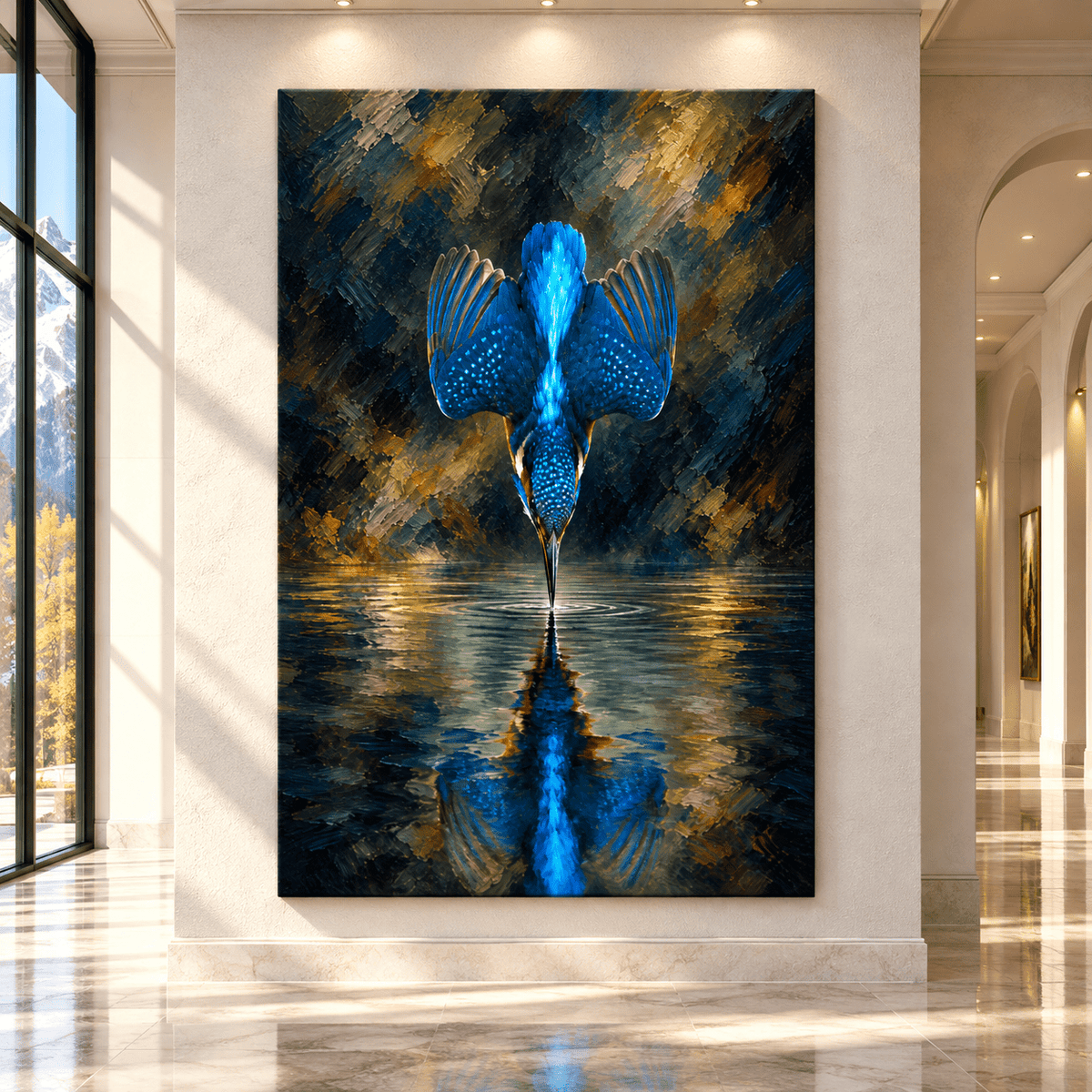 Common Kingfisher Diving into Water Wrapped Canvas Wall Art – Blue Kingfisher Wildlife Painting - ART OF ROYALS
