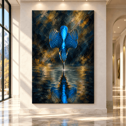 Common Kingfisher Diving into Water Wrapped Canvas Wall Art – Blue Kingfisher Wildlife Painting - ART OF ROYALS