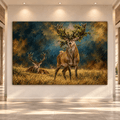 Majestic Red Deer Stags Canvas Wall Art – Two Antlered Bucks in Golden Meadow Wildlife Oil Painting