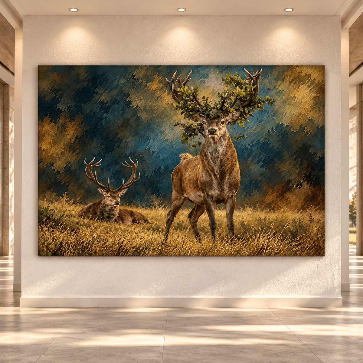Majestic Red Deer Stags Canvas Wall Art – Two Antlered Bucks in Golden Meadow Wildlife Oil Painting - ART OF ROYALS