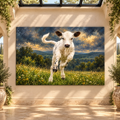 Speckle Park Calf Wrapped Canvas Wall Art – Playful White & Black Calf Meadow Painting