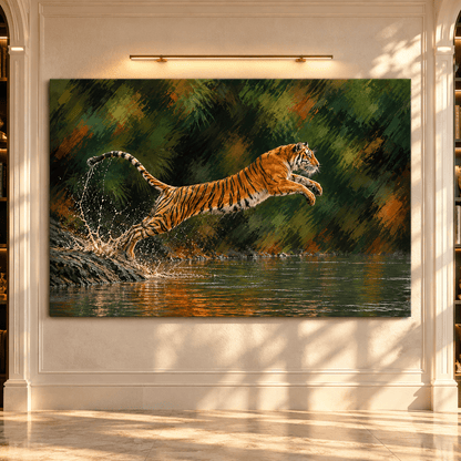 Bengal Tiger Leaping into River Canvas Wall Art – Wild Tiger Jumping from Rocky Shore Oil Painting - ART OF ROYALS