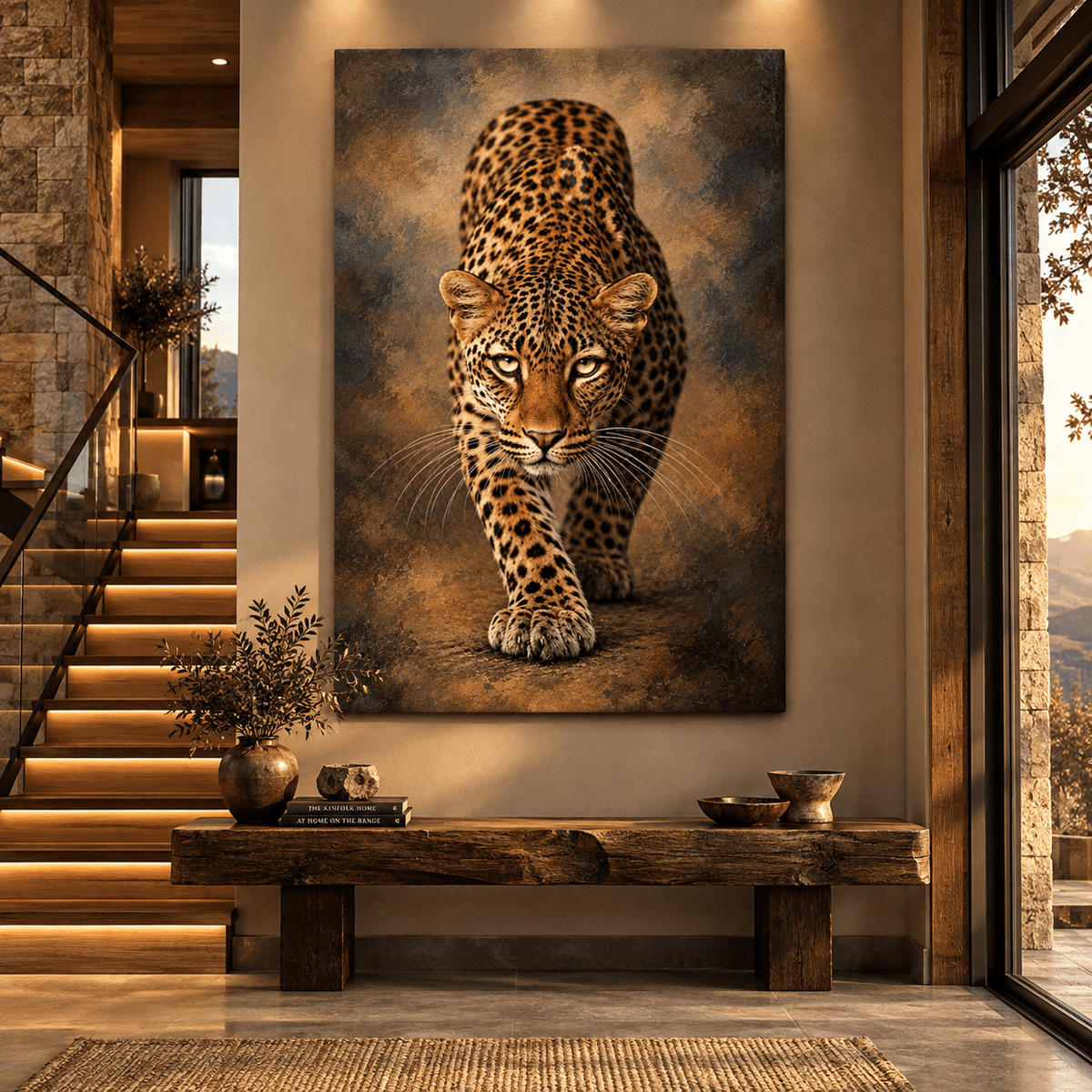 African Leopard Stalking Prey Wrapped Canvas Wall Art – Golden-Eyed Leopard Wildlife Painting - ART OF ROYALS