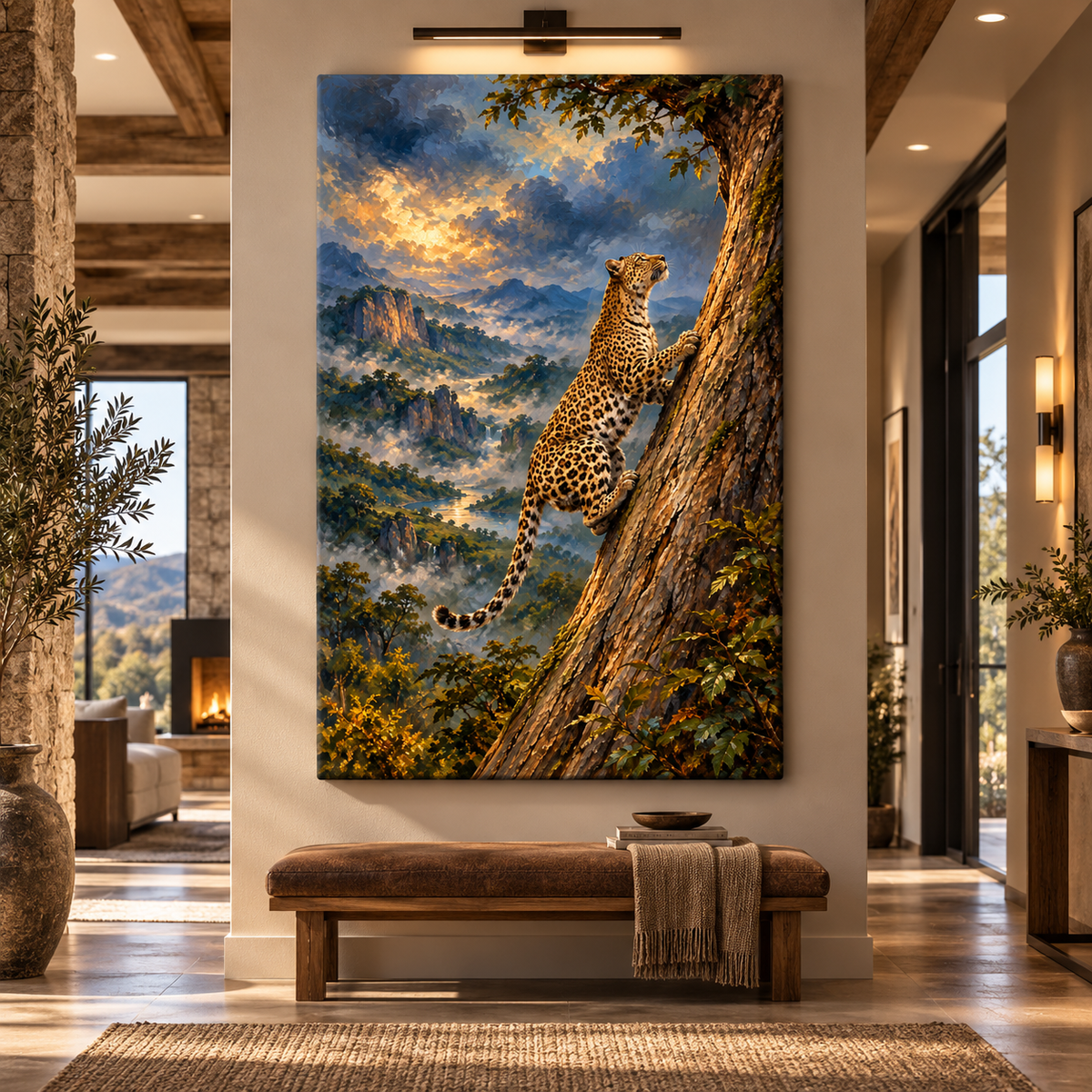 African Leopard Climbing Tree Wrapped Canvas Wall Art – Mountain Jungle Wildlife Painting
