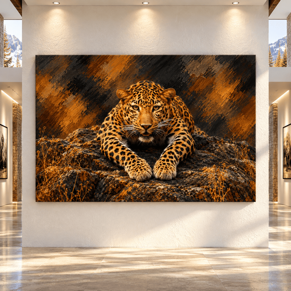 Amur Leopard on Rocky Ledge Wrapped Canvas Wall Art – Golden Spotted Big Cat Wildlife Painting