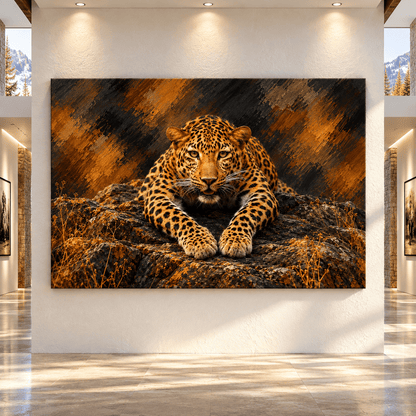 Amur Leopard on Rocky Ledge Wrapped Canvas Wall Art – Golden Spotted Big Cat Wildlife Painting