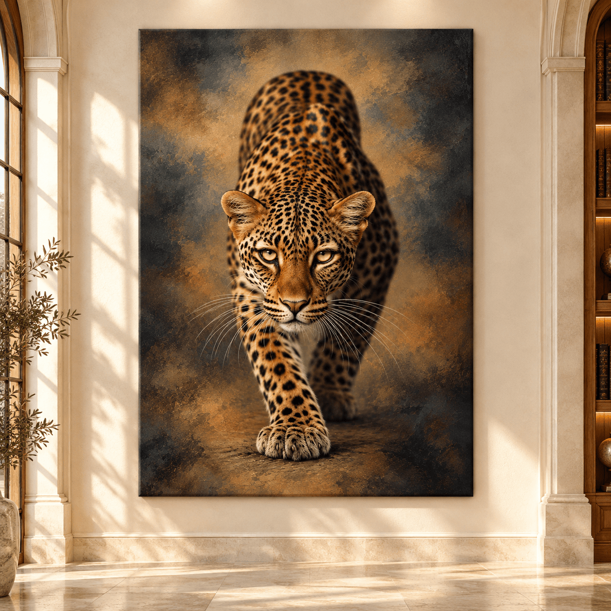 African Leopard Stalking Prey Wrapped Canvas Wall Art – Golden-Eyed Leopard Wildlife Painting - ART OF ROYALS