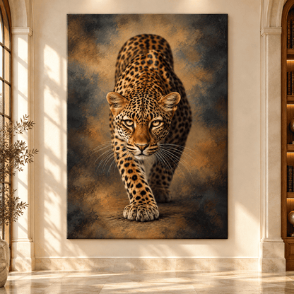 African Leopard Stalking Prey Wrapped Canvas Wall Art – Golden-Eyed Leopard Wildlife Painting - ART OF ROYALS