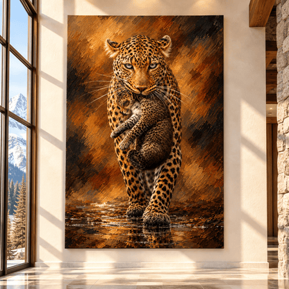 Mother Leopard Carrying Cub Wrapped Canvas Wall Art – African Leopard Wildlife Painting