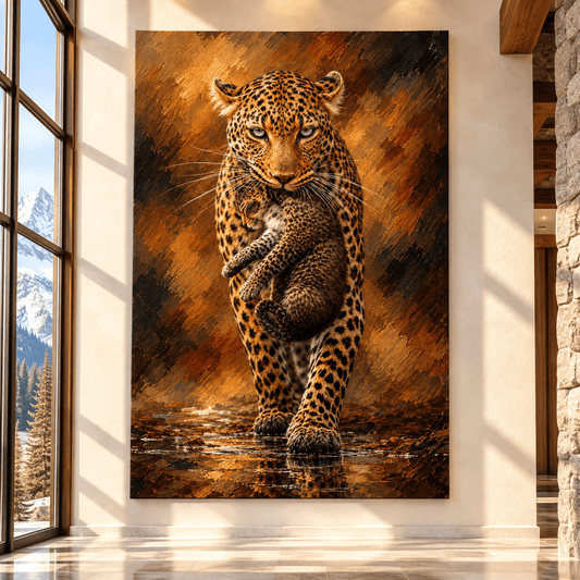 Mother Leopard Carrying Cub Wrapped Canvas Wall Art – African Leopard Wildlife Painting - ART OF ROYALS