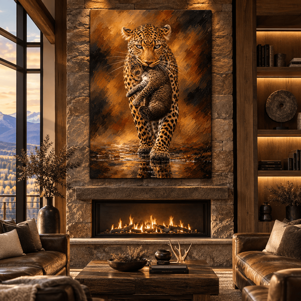 Mother Leopard Carrying Cub Wrapped Canvas Wall Art – African Leopard Wildlife Painting