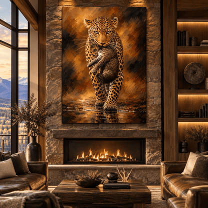 Mother Leopard Carrying Cub Wrapped Canvas Wall Art – African Leopard Wildlife Painting