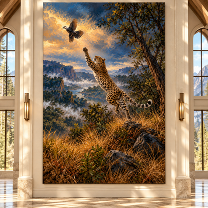 Leopard Leaping for Bird Wrapped Canvas Wall Art – Dramatic African Wildlife Painting
