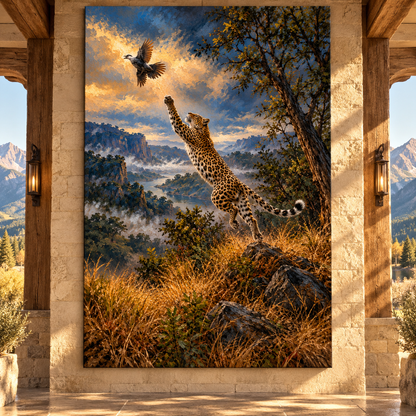 Leopard Leaping for Bird Wrapped Canvas Wall Art – Dramatic African Wildlife Painting