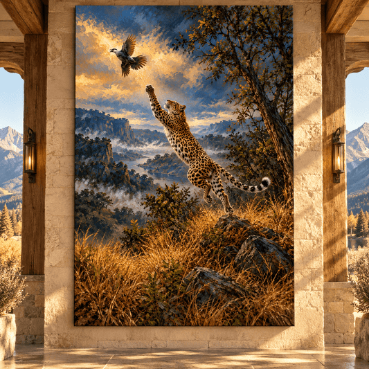 Leopard Leaping for Bird Wrapped Canvas Wall Art – Dramatic African Wildlife Painting - ART OF ROYALS